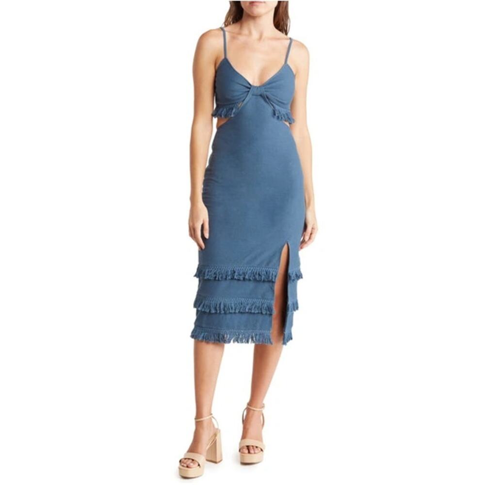 Bonheur D’amour Blue Fringe Cutout Dress Small Boho Festival Side Slit